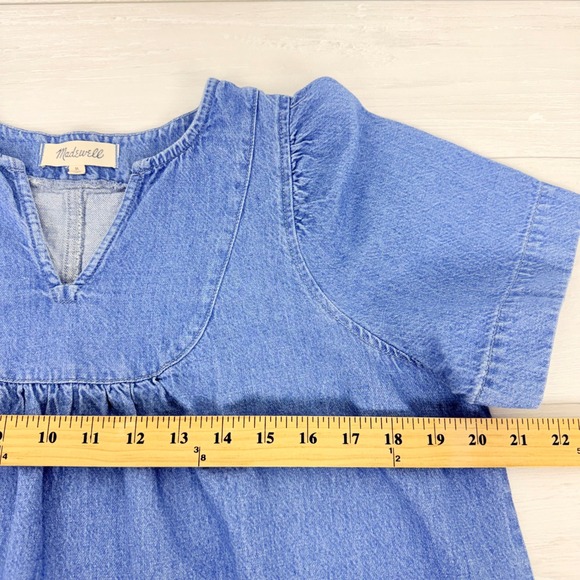 Madewell Denim Popover Swing Puff Sleeve Top Size M Blue Cotton Linen Blend - Picture 11 of 15